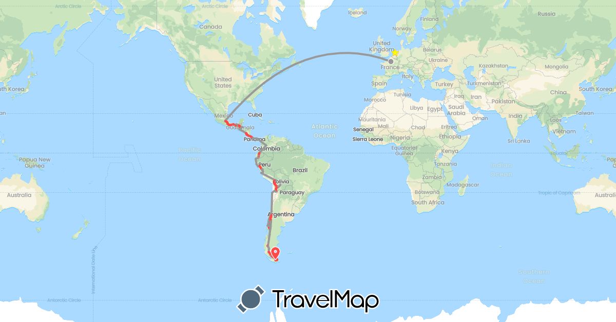 TravelMap itinerary: driving, plane, hiking, transport in Argentina, Bolivia, Chile, Colombia, Costa Rica, Ecuador, France, Guatemala, Mexico, Nicaragua, Netherlands, Panama, Peru (Europe, North America, South America)
