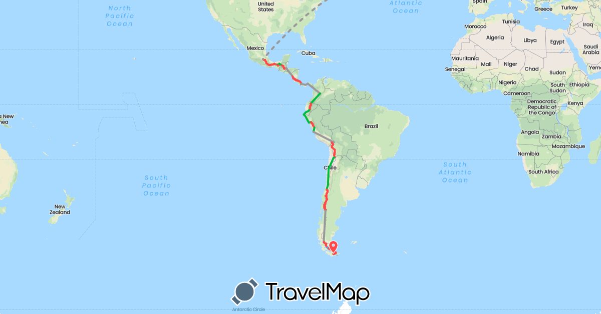 TravelMap itinerary: driving, bus, plane, hiking, boat in Argentina, Bolivia, Chile, Colombia, Costa Rica, Ecuador, France, Guatemala, Mexico, Nicaragua, Panama, Peru (Europe, North America, South America)