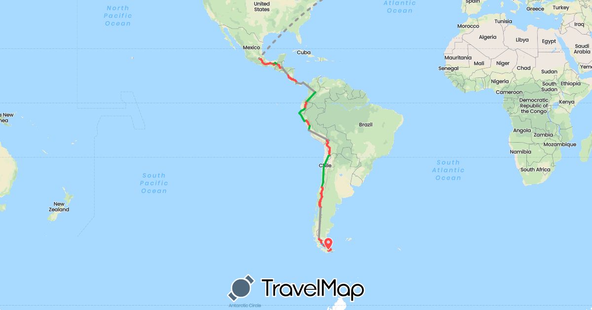 TravelMap itinerary: driving, bus, plane, hiking, boat in Argentina, Bolivia, Chile, Colombia, Costa Rica, Ecuador, France, Guatemala, Mexico, Nicaragua, Panama, Peru (Europe, North America, South America)